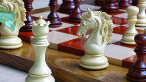 The Leo Series Luxury Chess Pieces in Staunton Pattern in African Padauk & Boxwood - 4.4 inch King