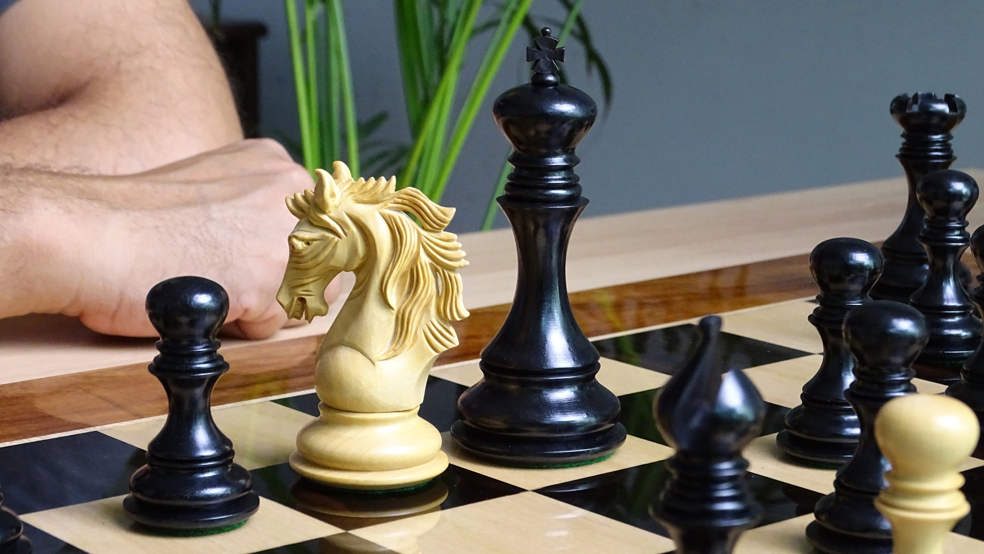 The Leo Series Luxury Triple Weighted Chess Pieces in Genuine Ebony Wood & Boxwood - 4.4 inch King