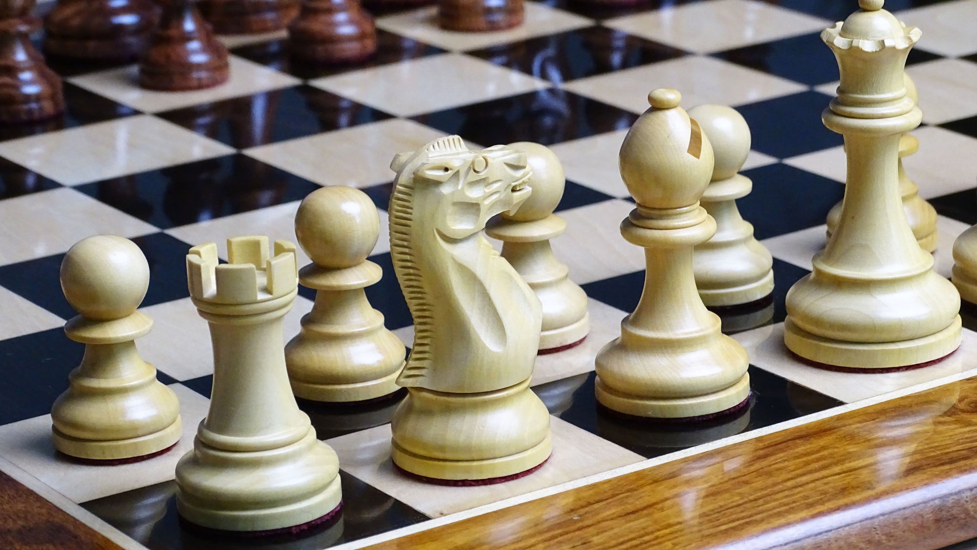 The Judit Polgar Repro Staunton Weighted Tournament Chess Pieces in Anjan Wood & Boxwood - 3.75 Inch King