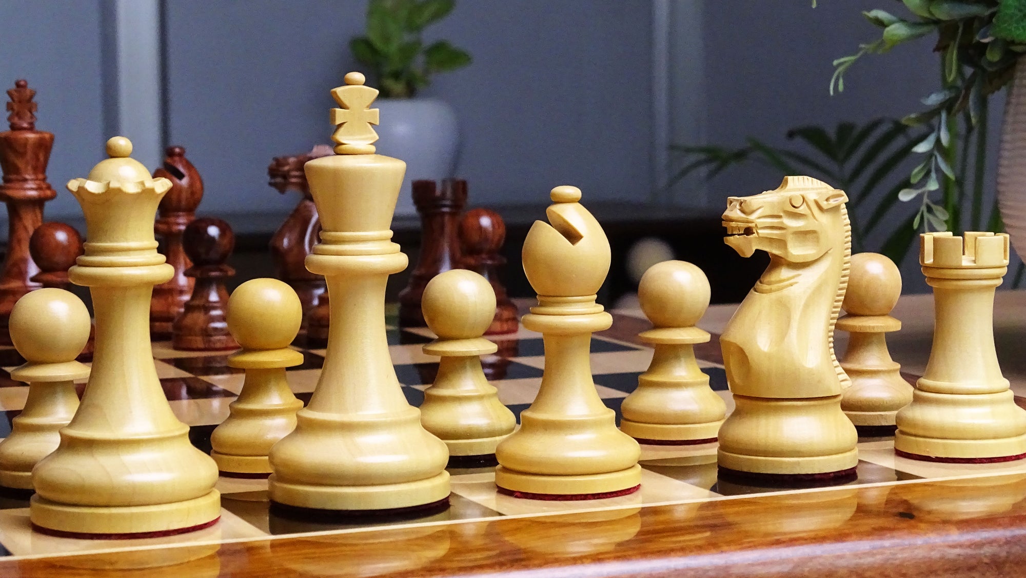 The Judit Polgar Repro Staunton Weighted Tournament Chess Pieces in Anjan Wood & Boxwood - 3.75 Inch King