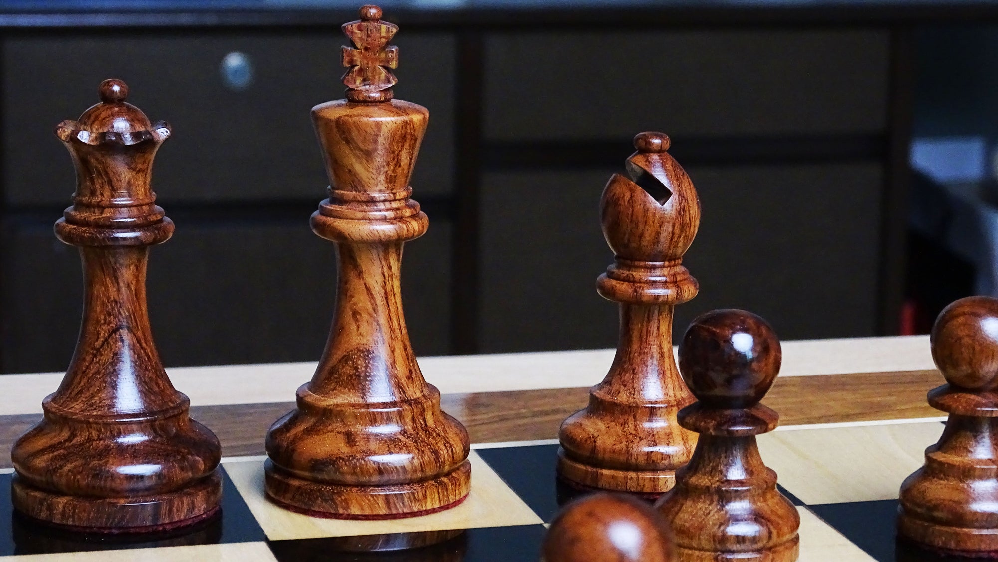 The Judit Polgar Repro Staunton Weighted Tournament Chess Pieces in Anjan Wood & Boxwood - 3.75 Inch King