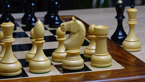 Circa 1930s "Leningrad Schoolboy" Soviet Chess Pieces in Ebonized & Boxwood - 4.2 inch King