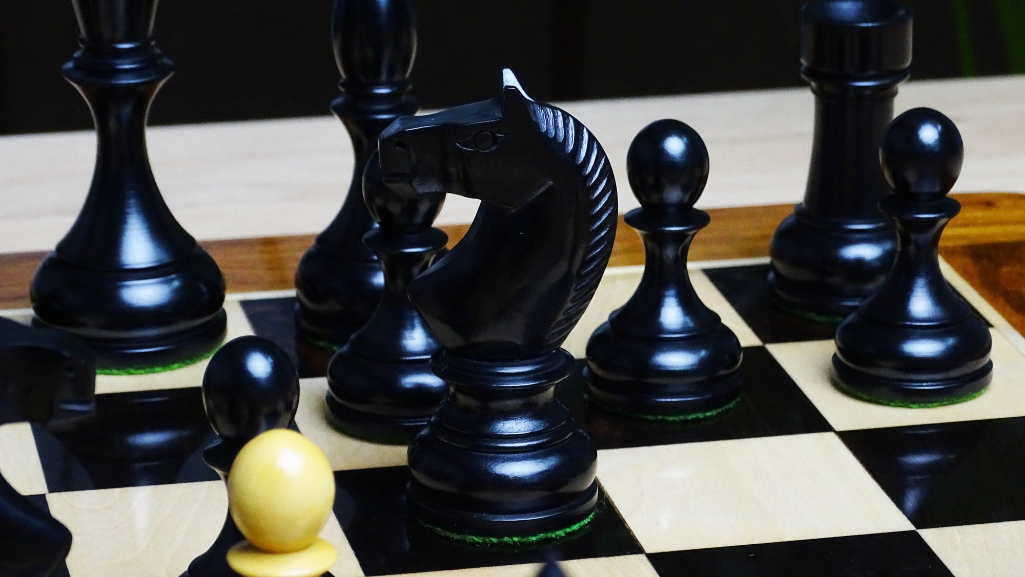 Circa 1930s "Leningrad Schoolboy" Soviet Chess Pieces in Ebonized & Boxwood - 4.2 inch King