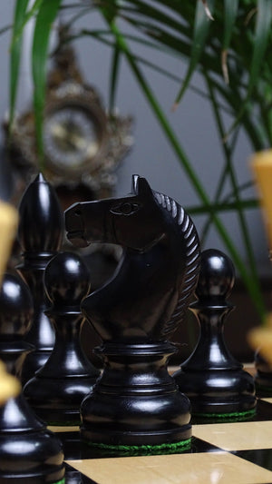 Circa 1930s "Leningrad Schoolboy" Soviet Chess Pieces in Ebonized & Boxwood - 4.2 inch King