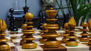 Circa 1840 Pre-Staunton Calvert Library Size 3.3 Inch Chessmen in Genuine Ebony & Antiqued Boxwood - 900 grams