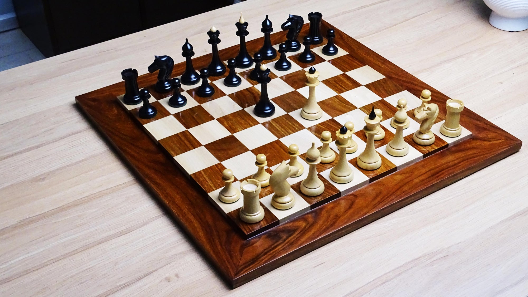 Circa 1950s Soviet Latvian Weighted 3.8 inch Chess Pieces in Ebonized Boxwood - 900 gms Weight