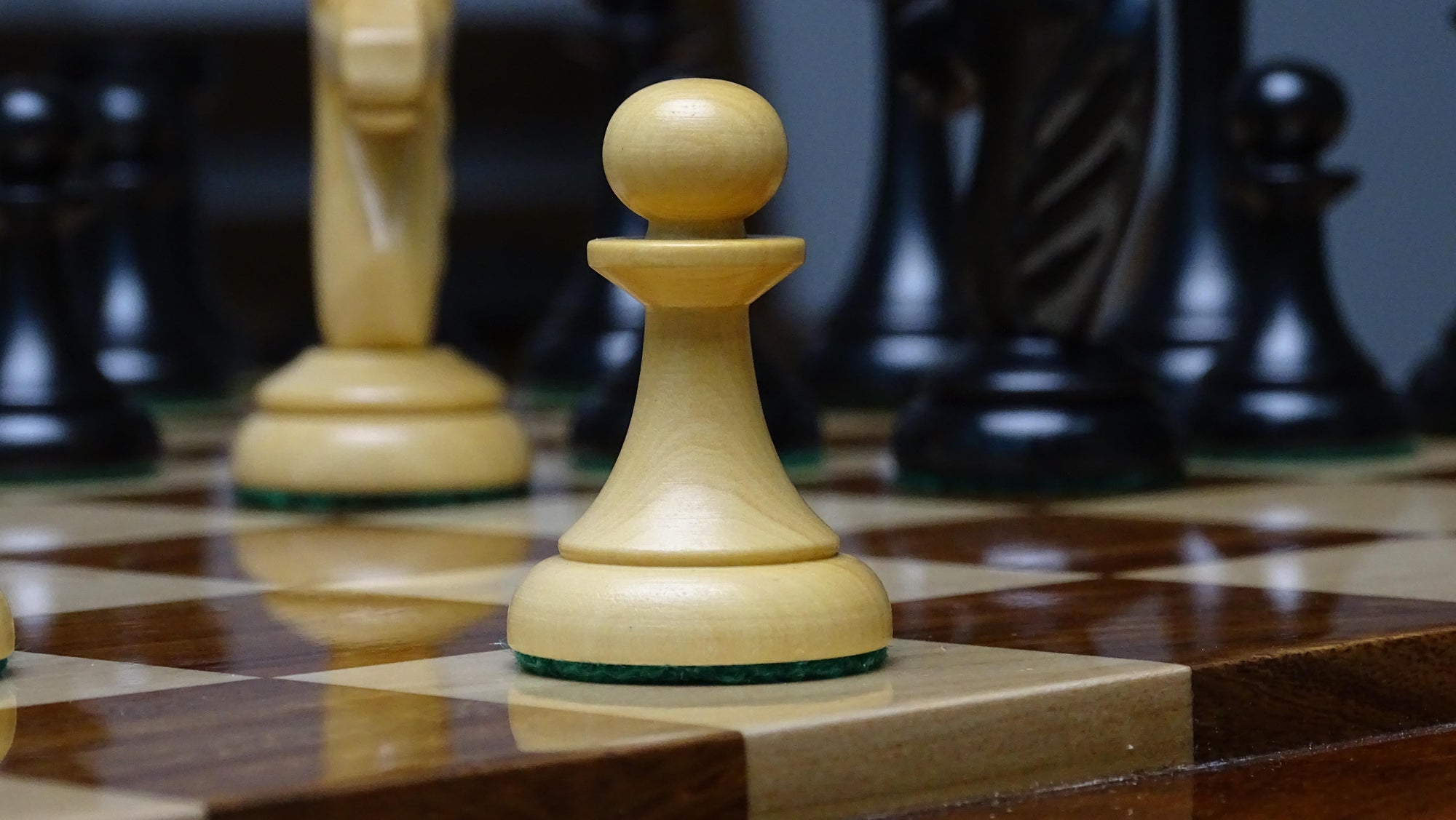 Circa 1950s Soviet Latvian Weighted 3.8 inch Chess Pieces in Ebonized Boxwood - 900 gms Weight