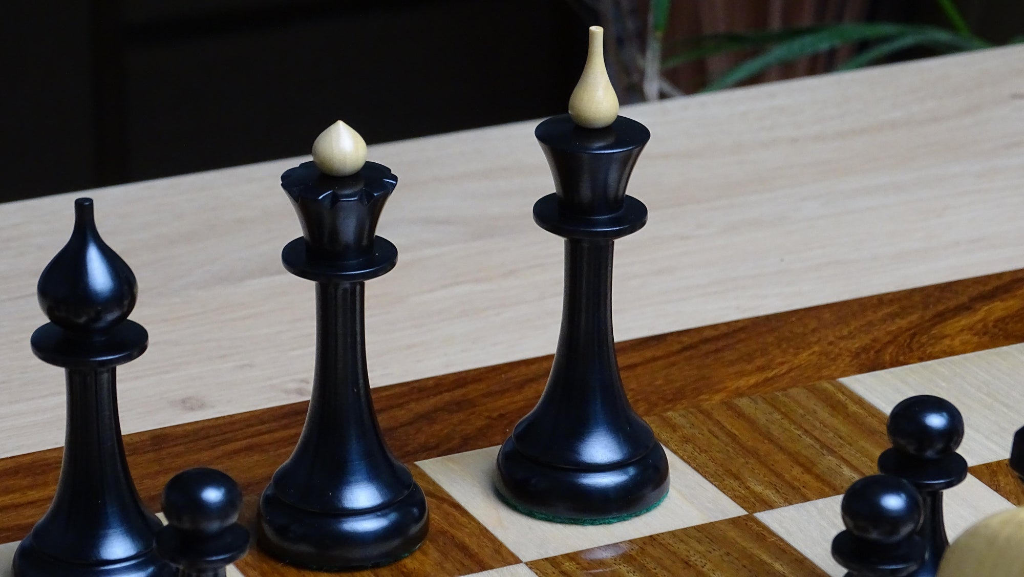 Circa 1950s Soviet Latvian Weighted 3.8 inch Chess Pieces in Ebonized Boxwood - 900 gms Weight