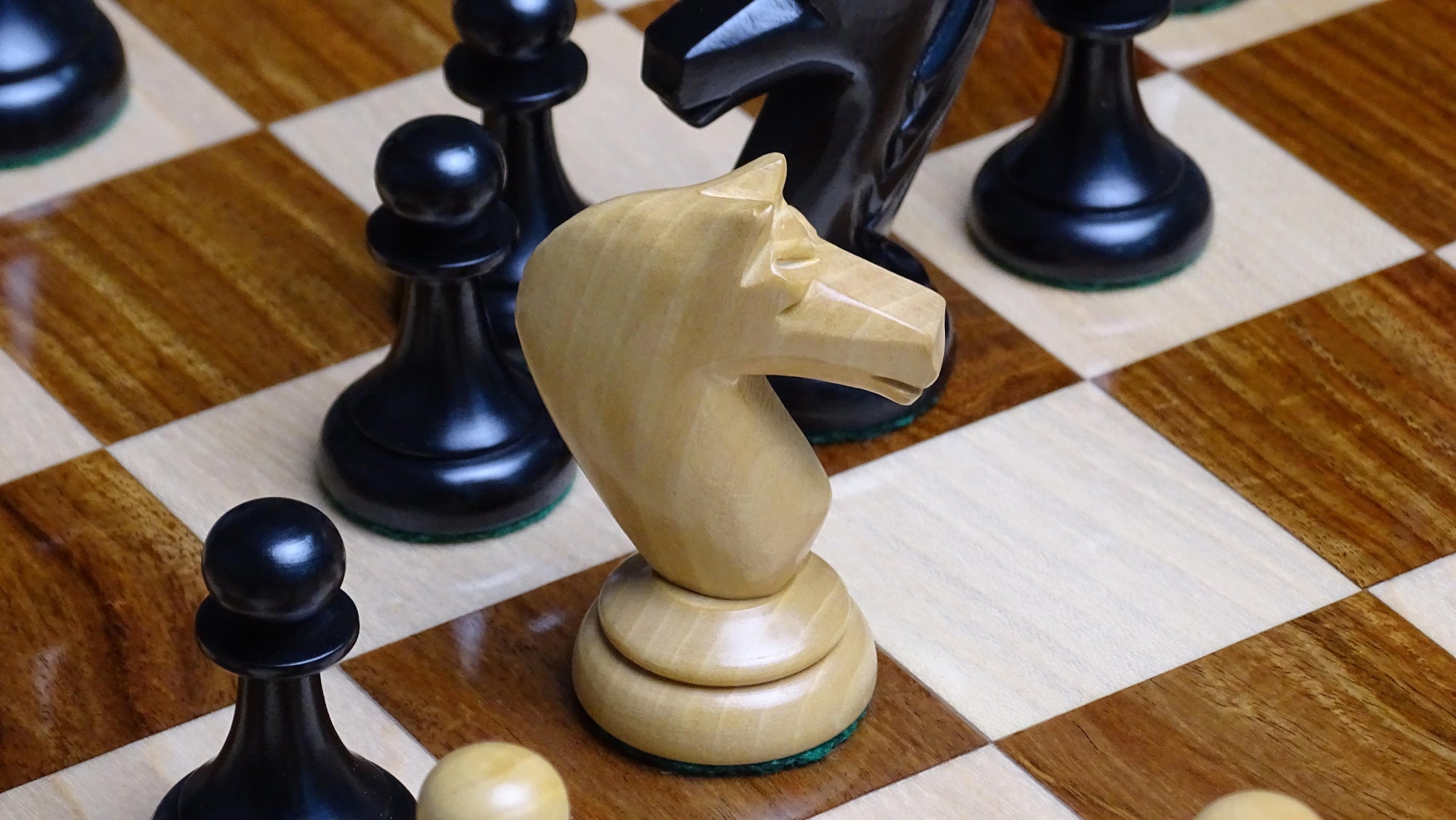 Circa 1950s Soviet Latvian Weighted 3.8 inch Chess Pieces in Ebonized Boxwood - 900 gms Weight