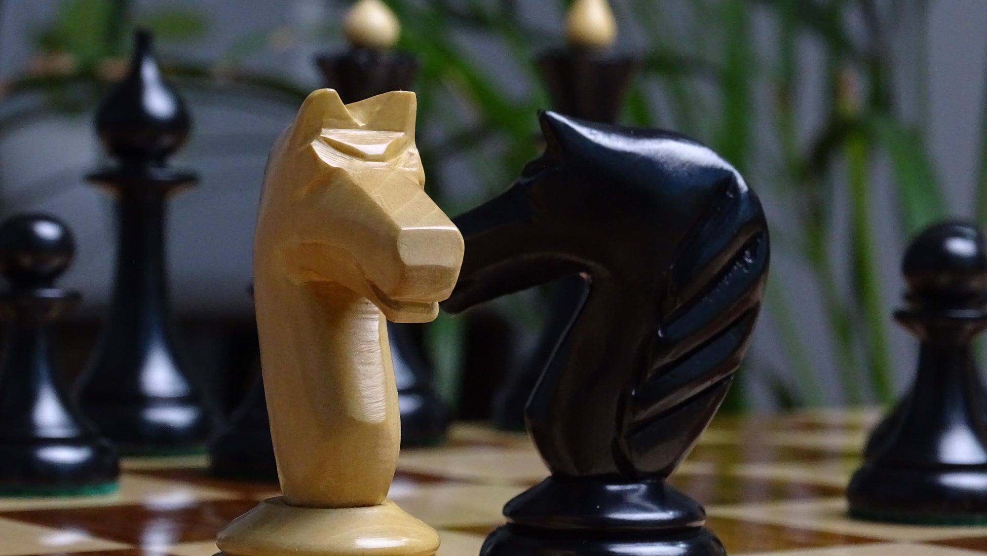 Circa 1950s Soviet Latvian Weighted 3.8 inch Chess Pieces in Ebonized Boxwood - 900 gms Weight