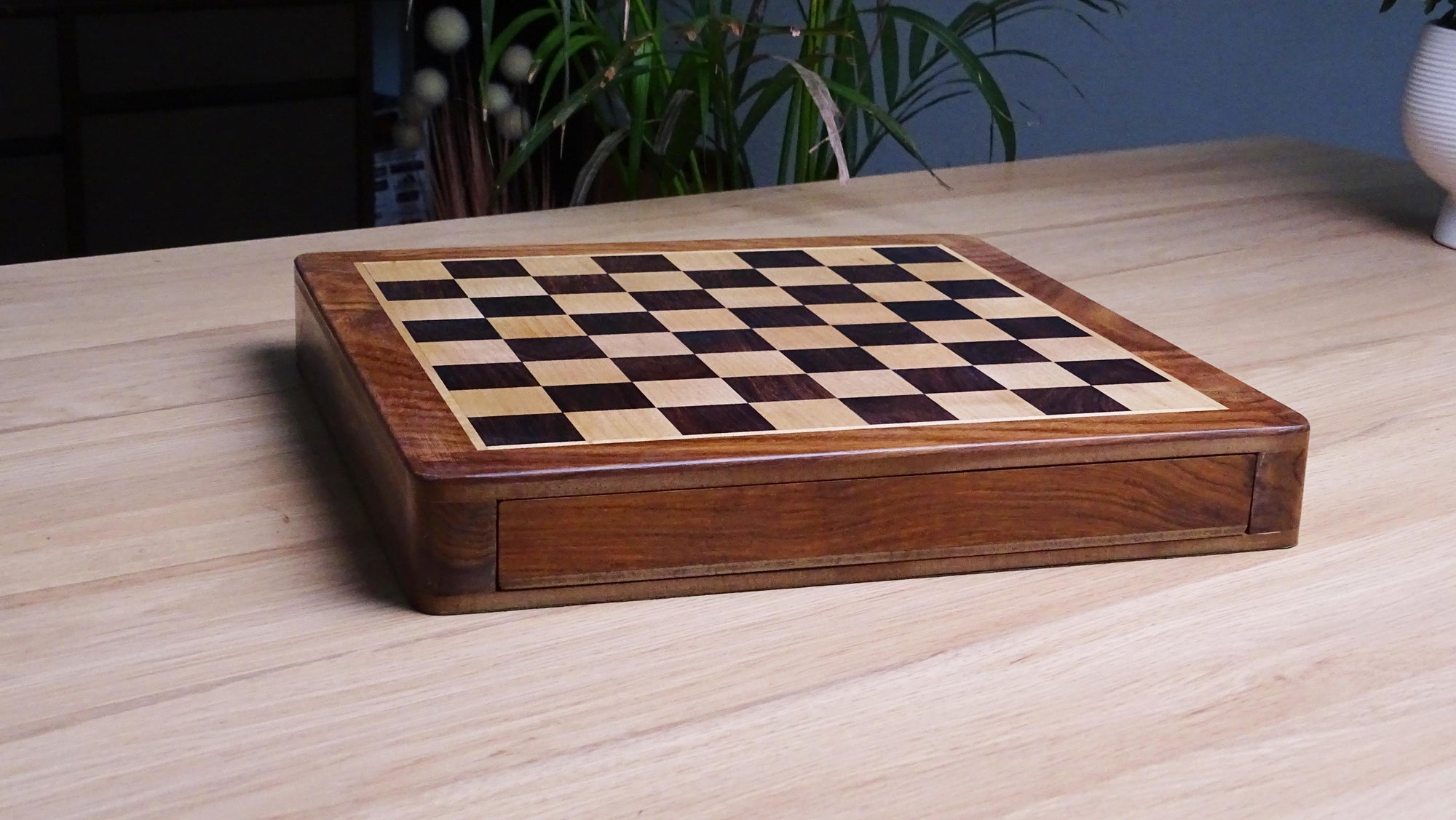 12-Inch Travel Magnetic Chess Set with Drawer in Matte Finish - Indian Rosewood with Extra Queens