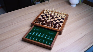 12-Inch Travel Magnetic Chess Set with Drawer in Matte Finish - Indian Rosewood with Extra Queens