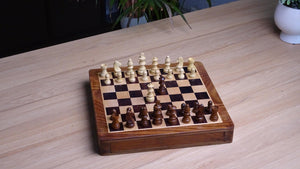 12-Inch Travel Magnetic Chess Set with Drawer in Matte Finish - Indian Rosewood with Extra Queens