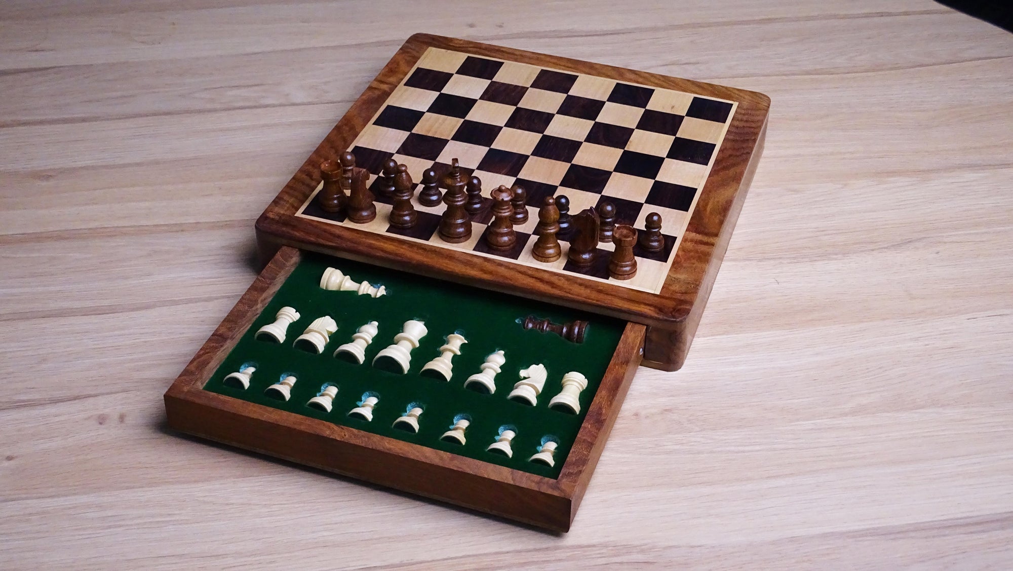 12-Inch Travel Magnetic Chess Set with Drawer in Matte Finish - Indian Rosewood with Extra Queens