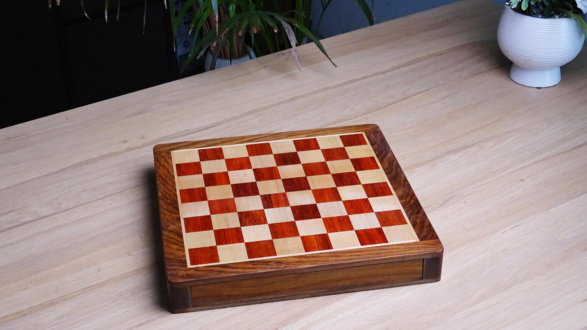 12-Inch Travel Drawer Storage Magnetic Chess Set in Matte Finish - Padauk Wood w/ Extra Queens