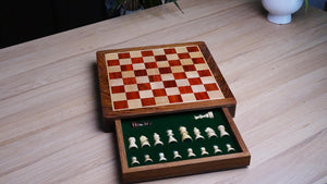 12-Inch Travel Drawer Storage Magnetic Chess Set in Matte Finish - Padauk Wood w/ Extra Queens