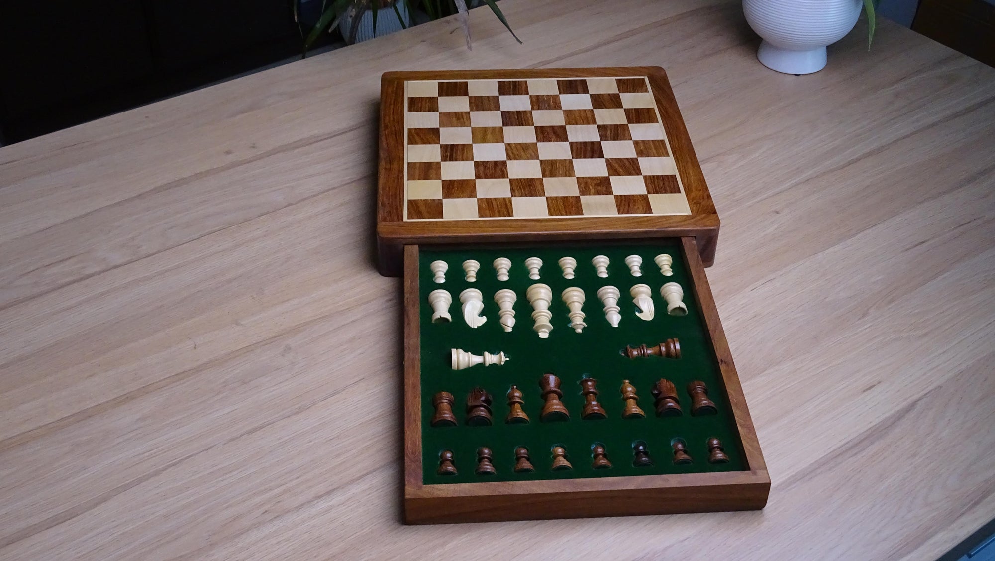 Drawer Storage 12-Inch Travel Magnetic Chess Set in Matte Finish - Sheesham Wood w/ Extra Queens