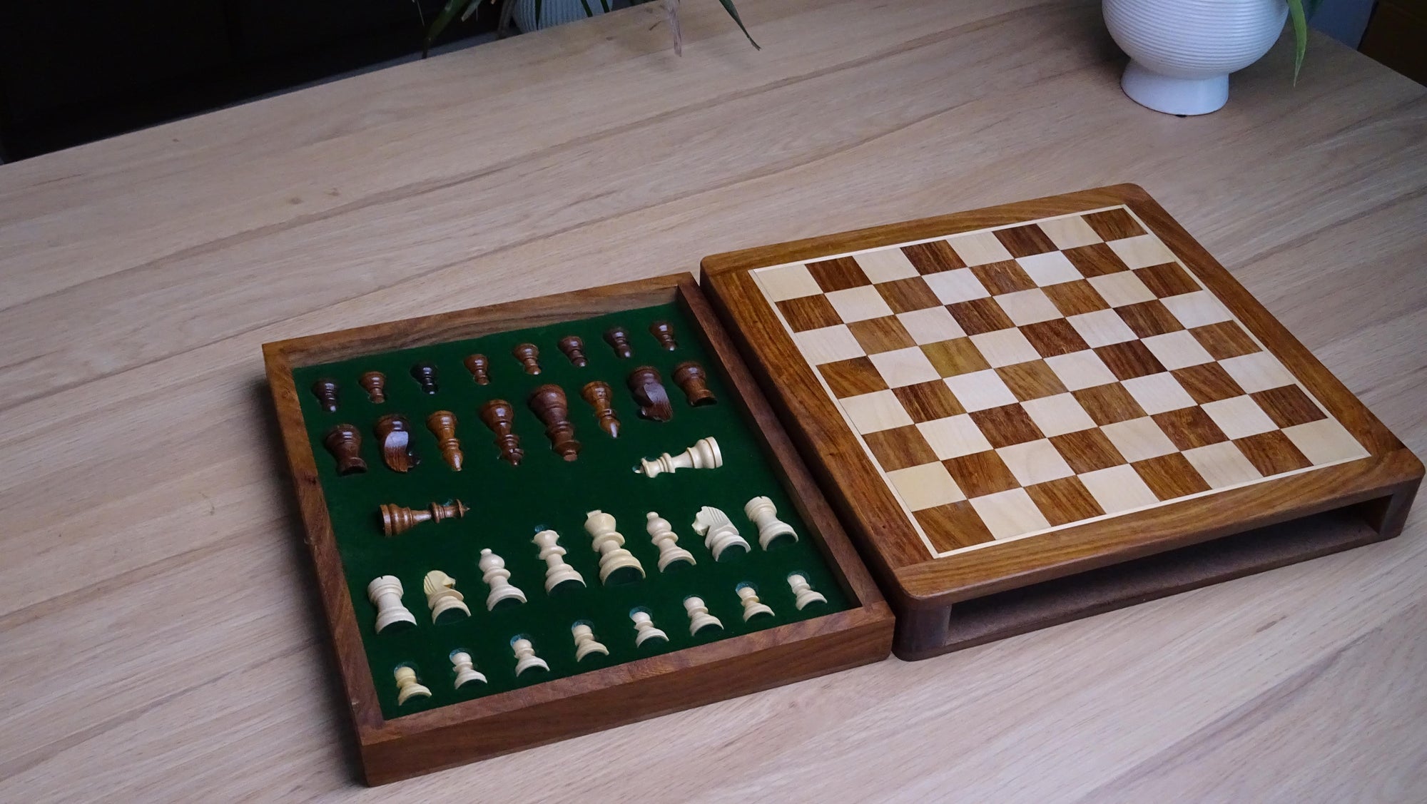 Drawer Storage 12-Inch Travel Magnetic Chess Set in Matte Finish - Sheesham Wood w/ Extra Queens