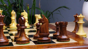 1904 Reproduced American Chess Company's Tournament 3.8 Inch Chess Pieces in Sheesham & Natural Boxwood - 1000 Grams Weight