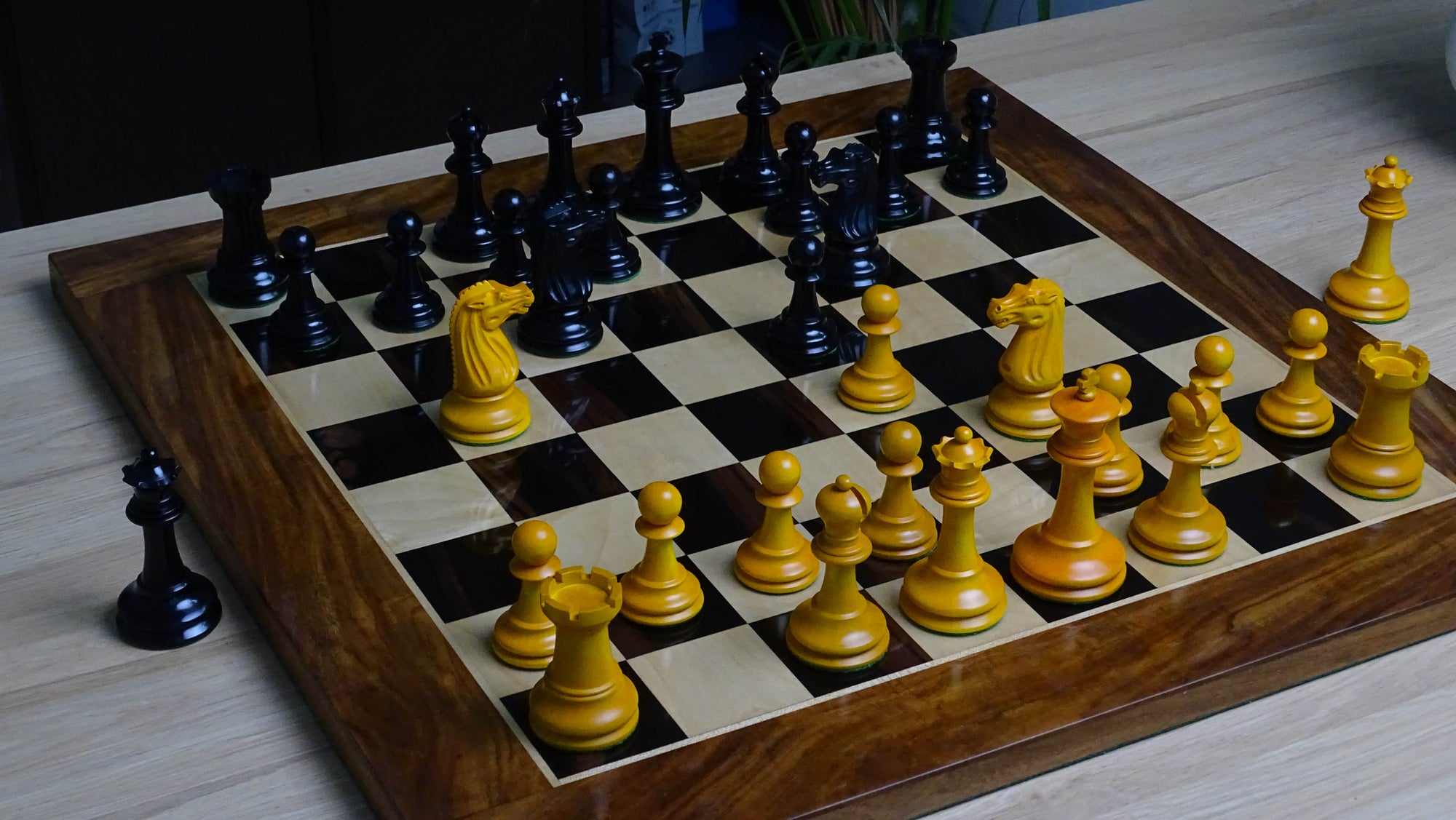 Circa 1887 Turner Teich Soviet-Staunton Style Weighted 4" Chess Pieces in Ebony & Golden Antique Boxwood - 1700 Grams Weight