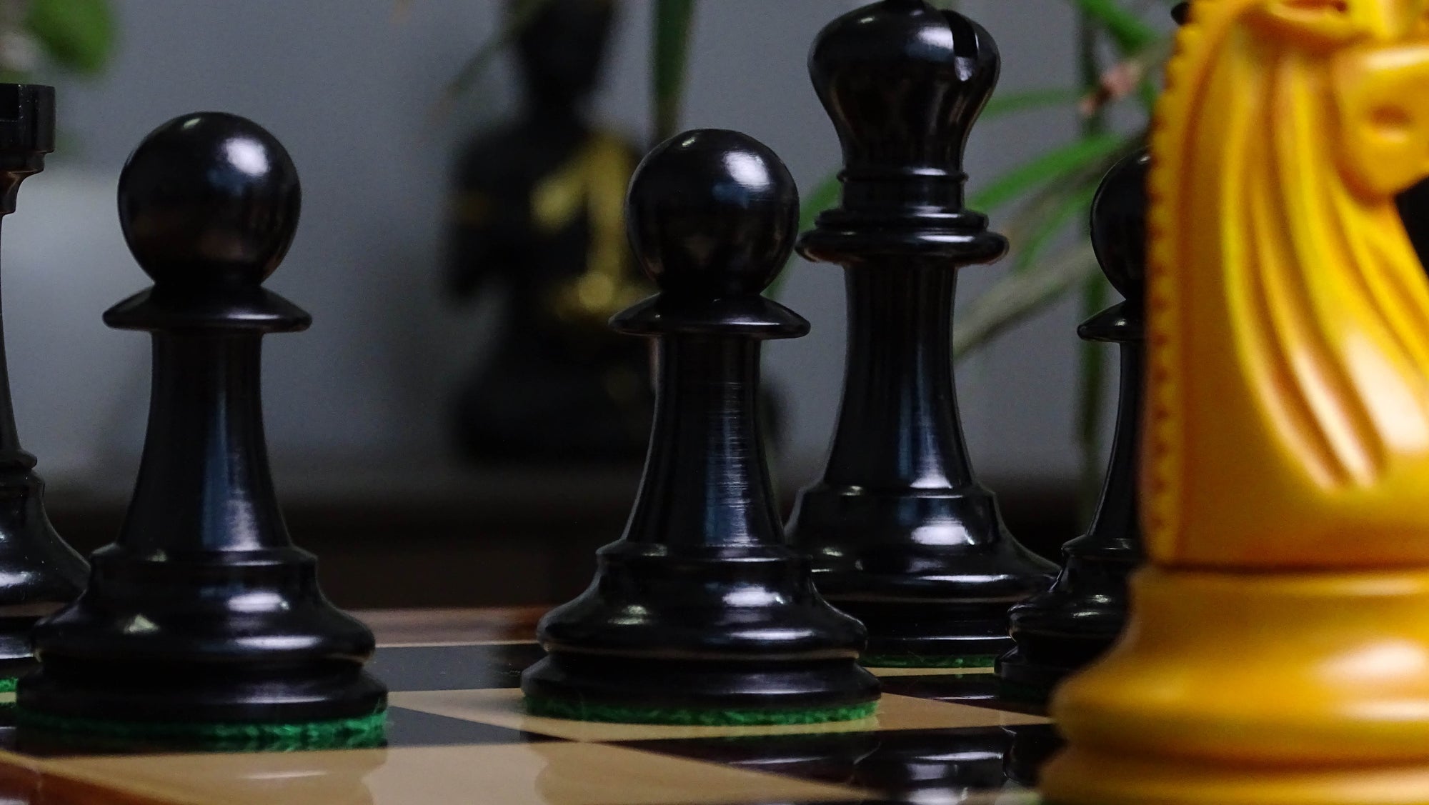 Circa 1887 Turner Teich Soviet-Staunton Style Weighted 4" Chess Pieces in Ebony & Golden Antique Boxwood - 1700 Grams Weight