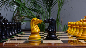 Circa 1887 Turner Teich Soviet-Staunton Style Weighted 4" Chess Pieces in Ebony & Golden Antique Boxwood - 1700 Grams Weight