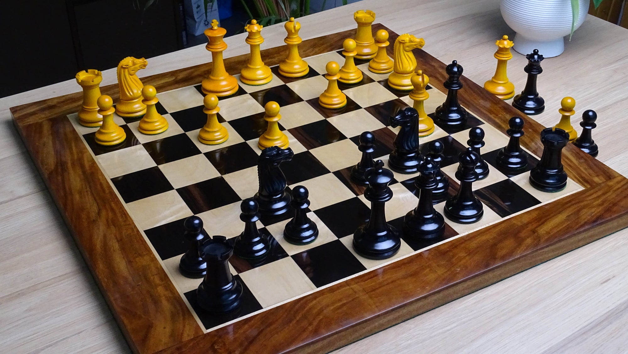 Circa 1887 Turner Teich Soviet-Staunton Style Weighted 4" Chess Pieces in Ebony & Golden Antique Boxwood - 1700 Grams Weight