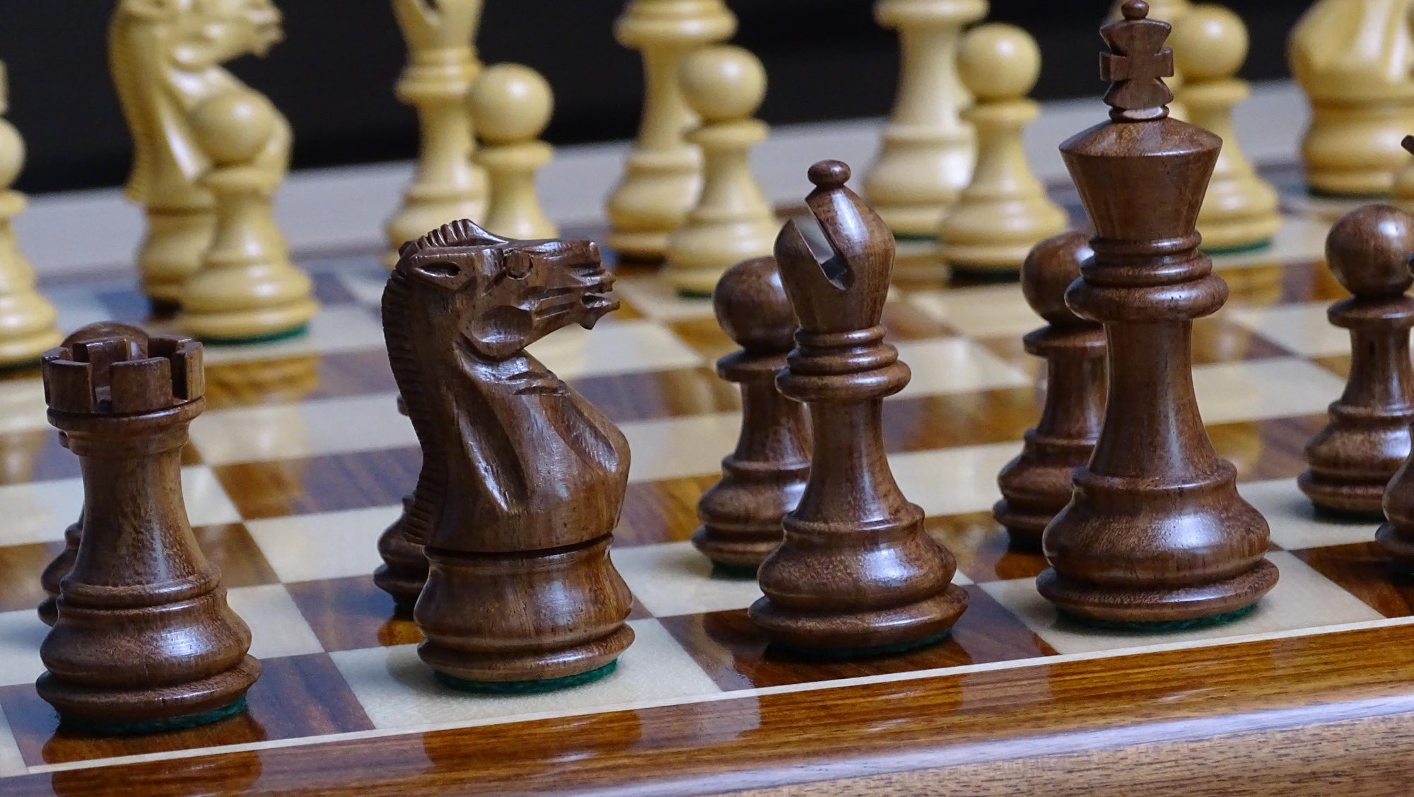 The 3.0" Stallion Weighted Staunton Chess Pieces in Sheesham Wood and Boxwood - 600 Grams Weight