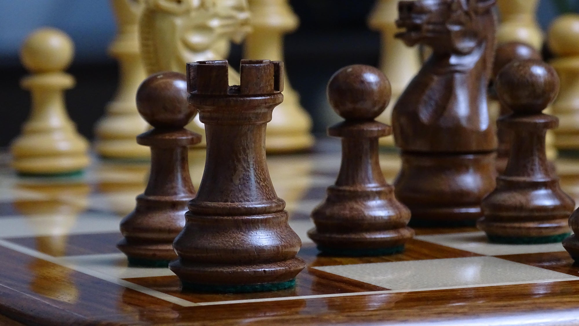 The 3.0" Stallion Weighted Staunton Chess Pieces in Sheesham Wood and Boxwood - 600 Grams Weight