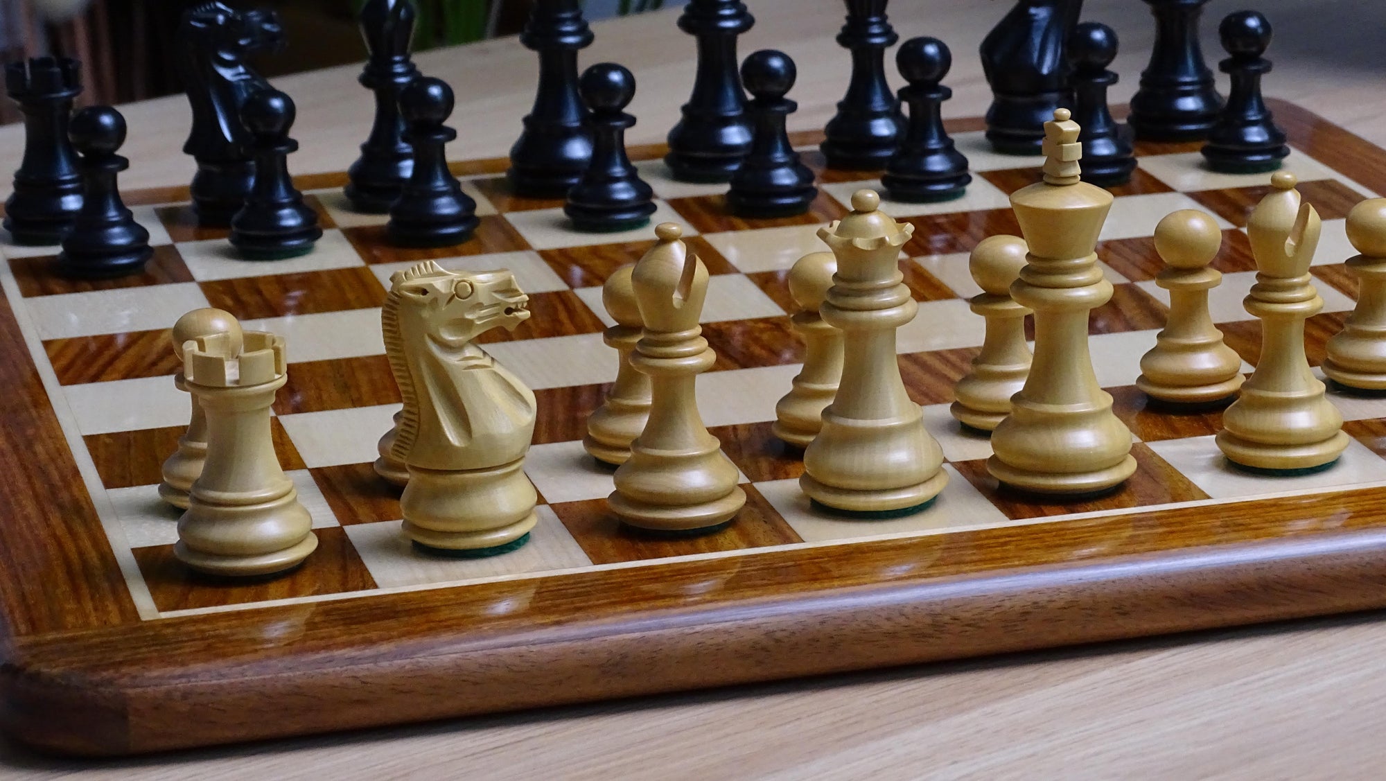 The Stallion Weighted Chess Pieces in Ebonized Wood and Boxwood 3.0" King- 600 Grams Weight