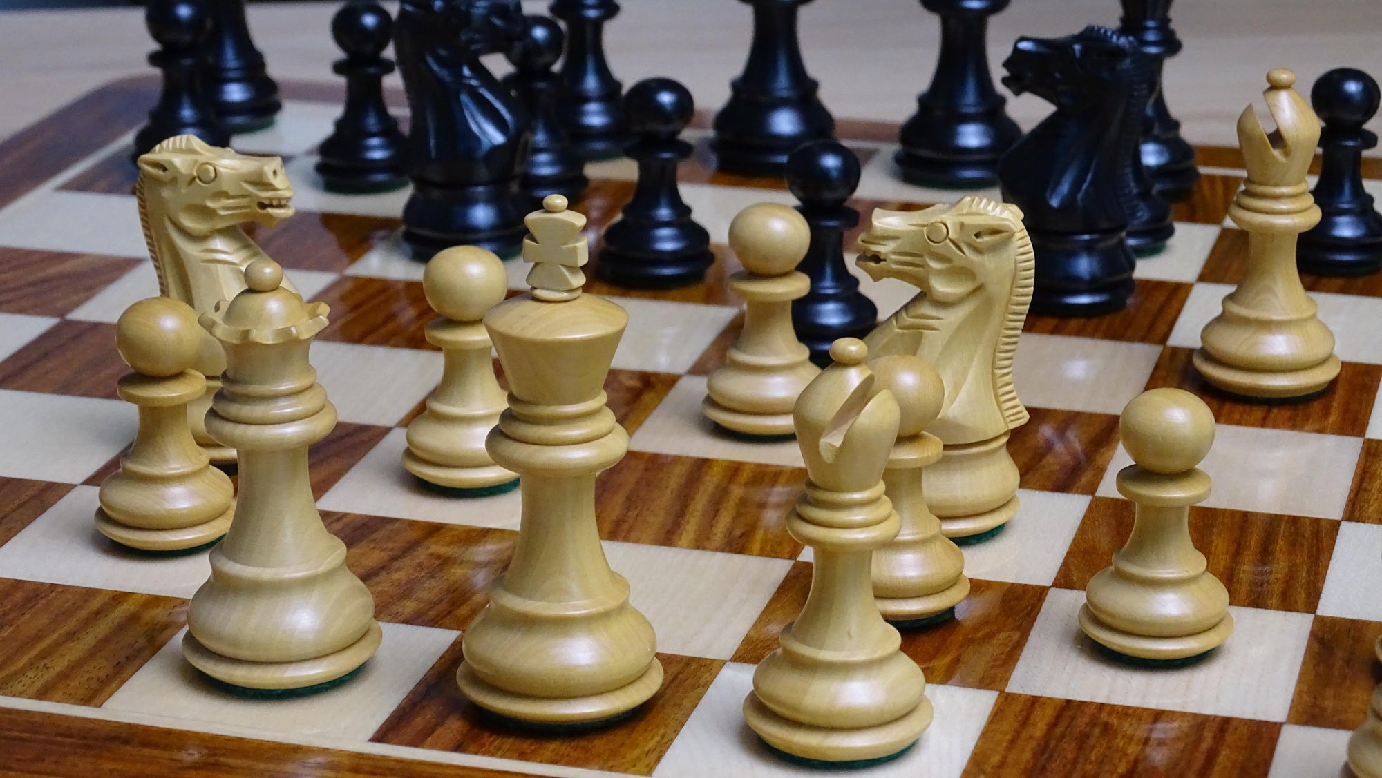 The Stallion Weighted Chess Pieces in Ebonized Wood and Boxwood 3.0" King- 600 Grams Weight