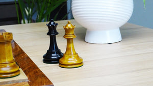 The Japanese Golden Castle "The Craftsman" Master Chess Set Pieces Only in Ebony & Distressed Antiqued Boxwood 3.50 inch King - 1300 Grams Weight