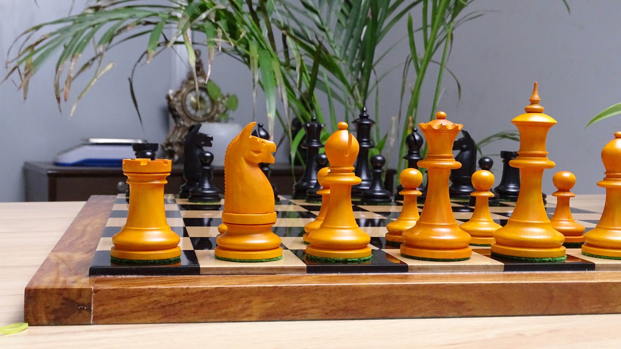 1904 American Chess Company's Tournament 3.8 Inch Reproduced Chess Pieces in Black Ebonized & Antique Boxwood - 1000 Grams Weight