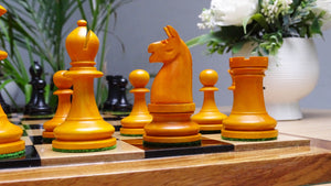 1904 American Chess Company's Tournament 3.8 Inch Reproduced Chess Pieces in Black Ebonized & Antique Boxwood - 1000 Grams Weight