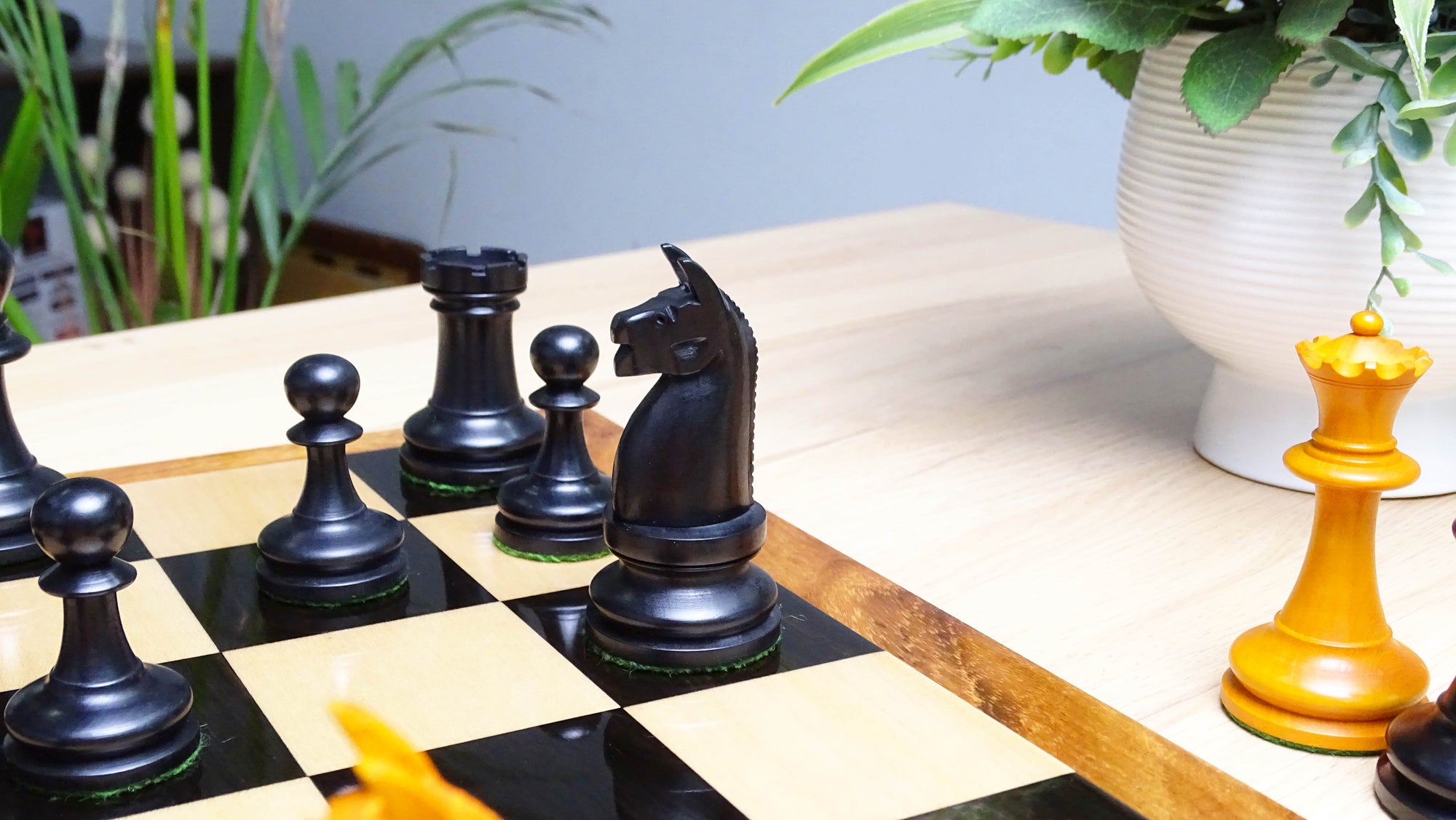 1904 American Chess Company's Tournament 3.8 Inch Reproduced Chess Pieces in Black Ebonized & Antique Boxwood - 1000 Grams Weight