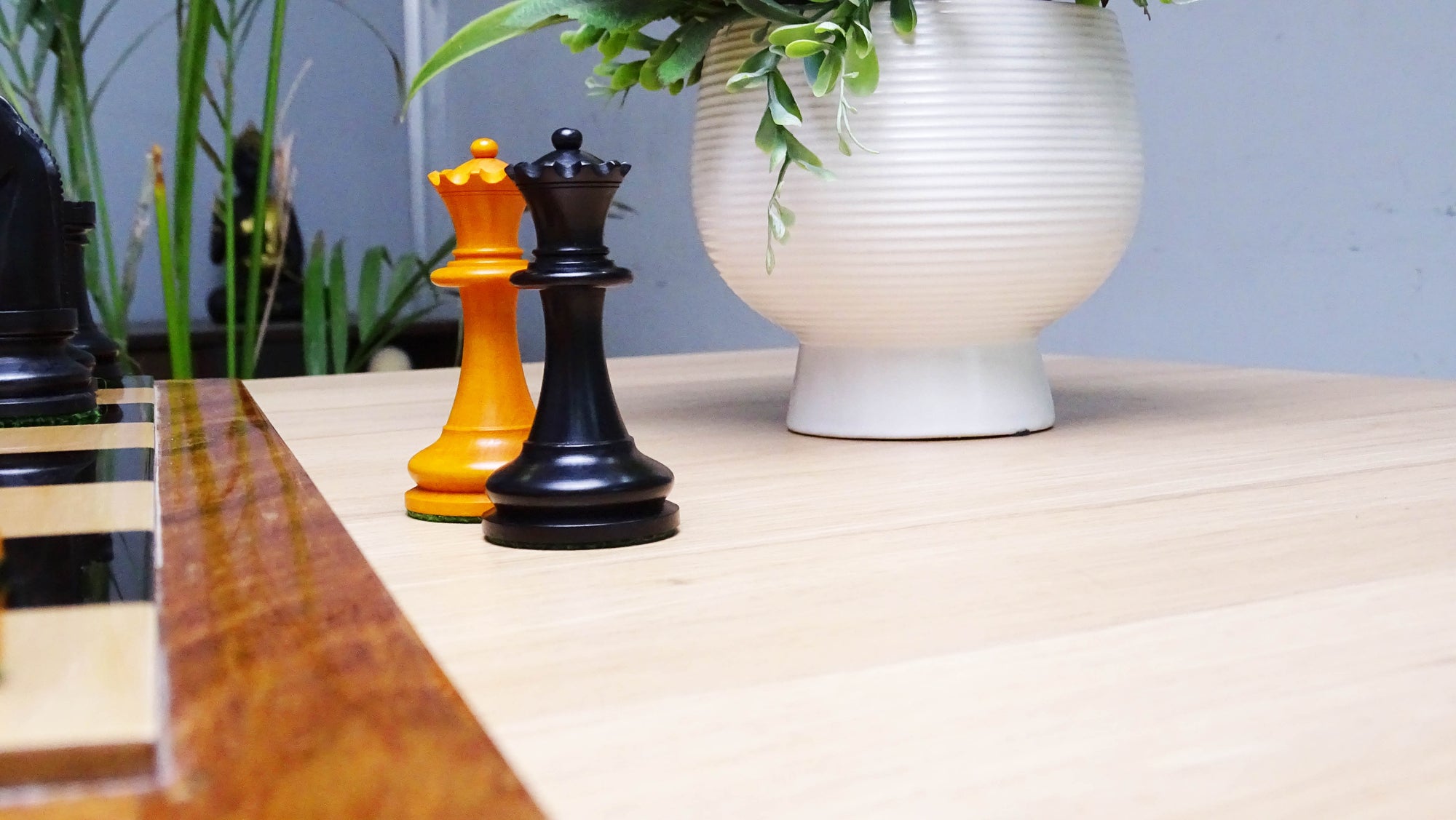 1904 American Chess Company's Tournament 3.8 Inch Reproduced Chess Pieces in Black Ebonized & Antique Boxwood - 1000 Grams Weight