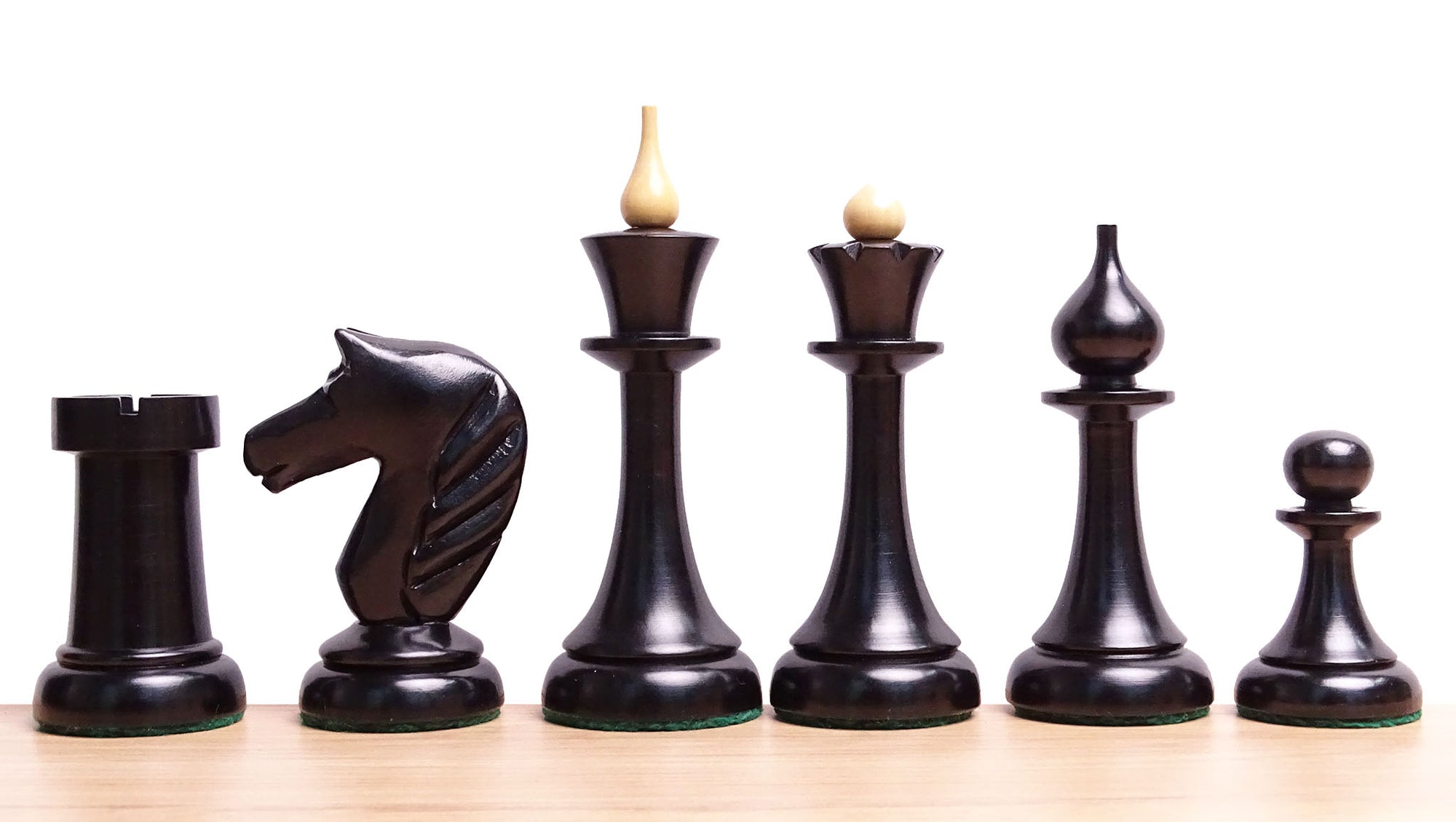 Circa 1950s Soviet Latvian Weighted 3.8 inch Chess Pieces in Ebonized Boxwood - 900 gms Weight