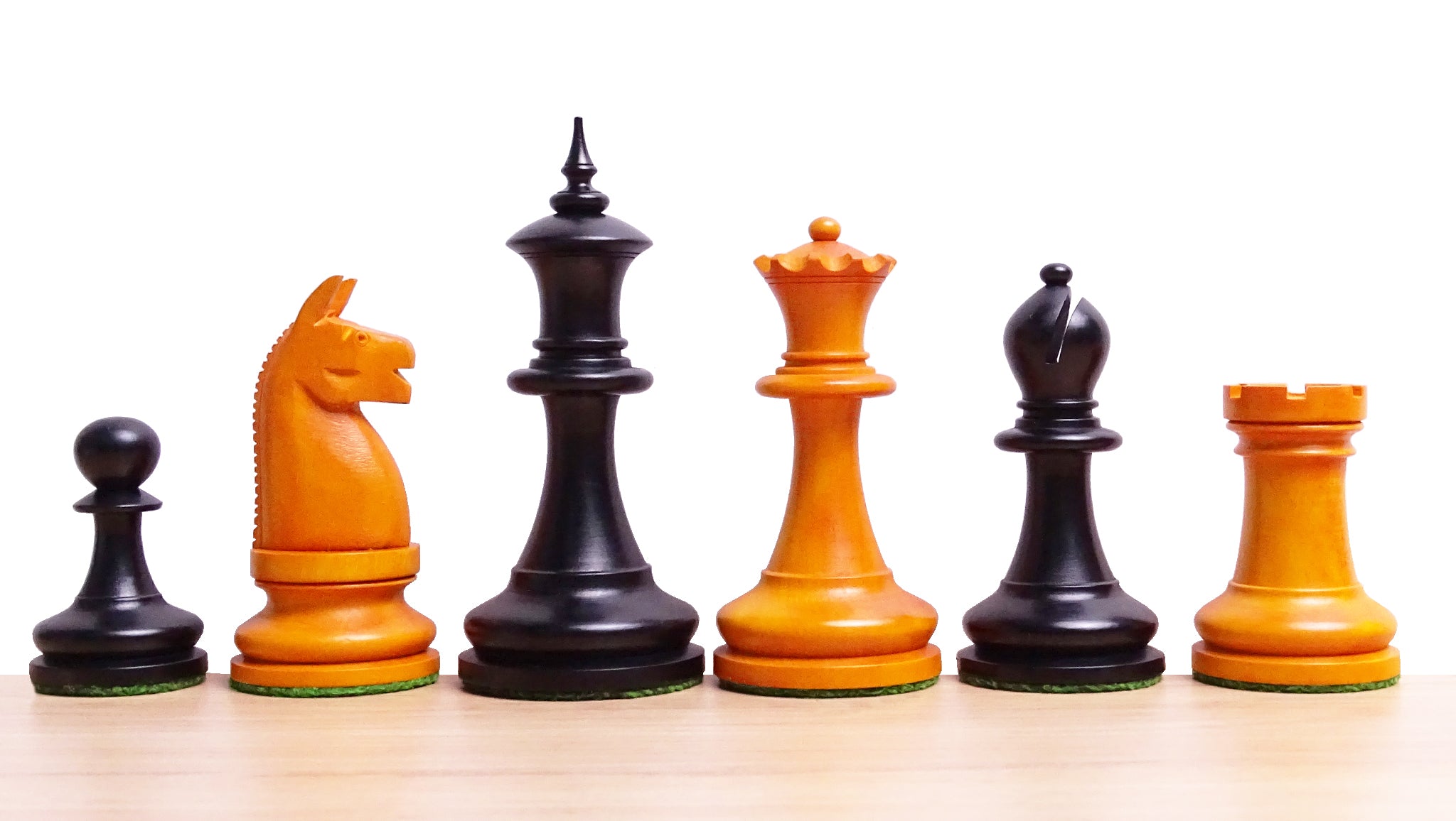 1904 American Chess Company's Tournament 3.8 Inch Reproduced Chess Pieces in Black Ebonized & Antique Boxwood - 1000 Grams Weight