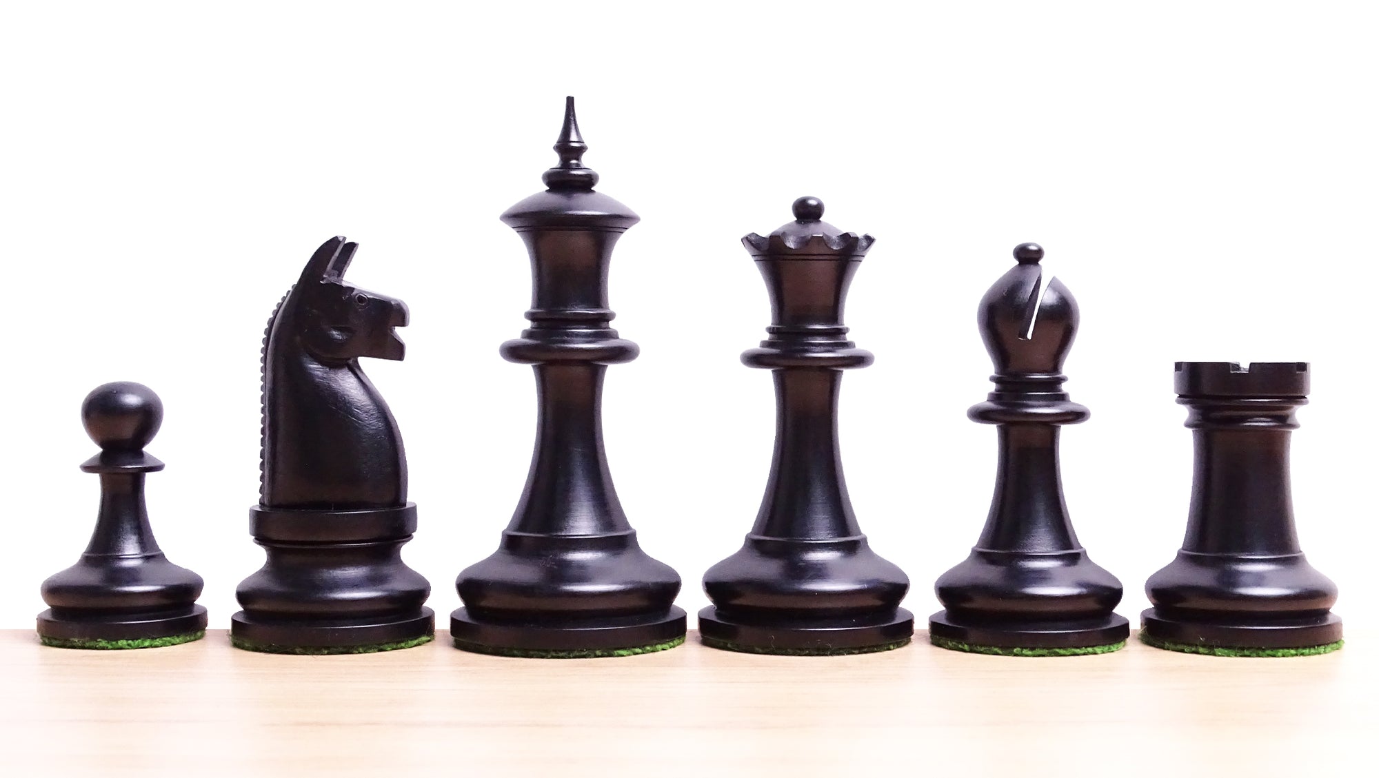 1904 American Chess Company's Tournament 3.8 Inch Reproduced Chess Pieces in Black Ebonized & Antique Boxwood - 1000 Grams Weight