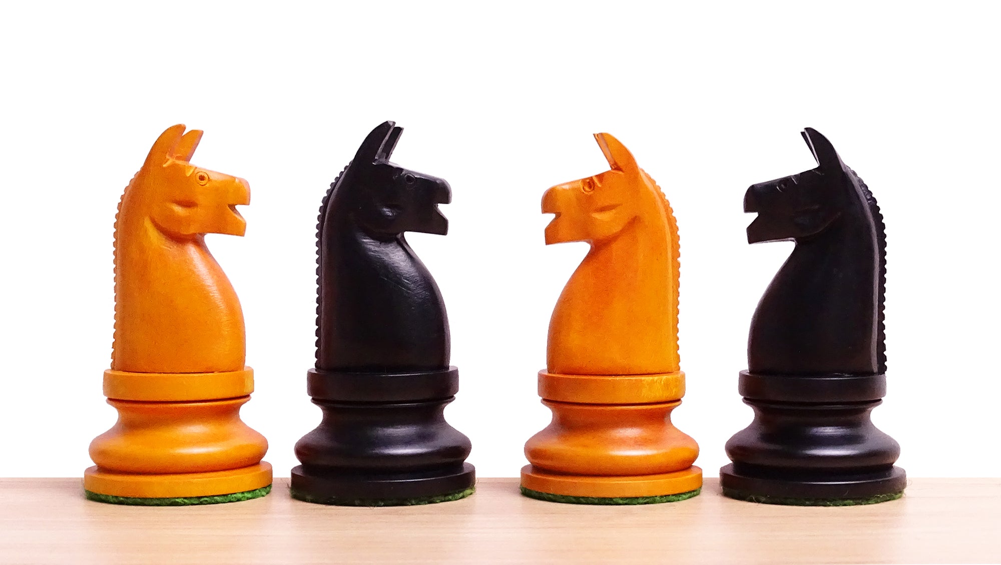 1904 American Chess Company's Tournament 3.8 Inch Reproduced Chess Pieces in Black Ebonized & Antique Boxwood - 1000 Grams Weight