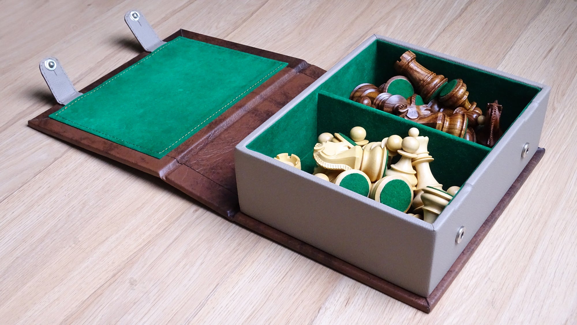 Chess Storage Box Book Style in Brown Leatherette for Chess Pieces upto 3.7 inch